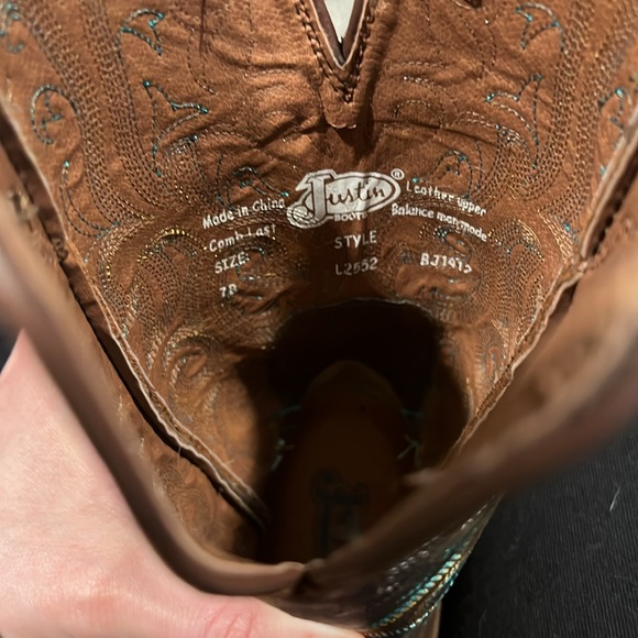 Justin L2552 Western Cowboy Boots Apache Brown Leather Turquoise Size 7B - Picture 5 of 9